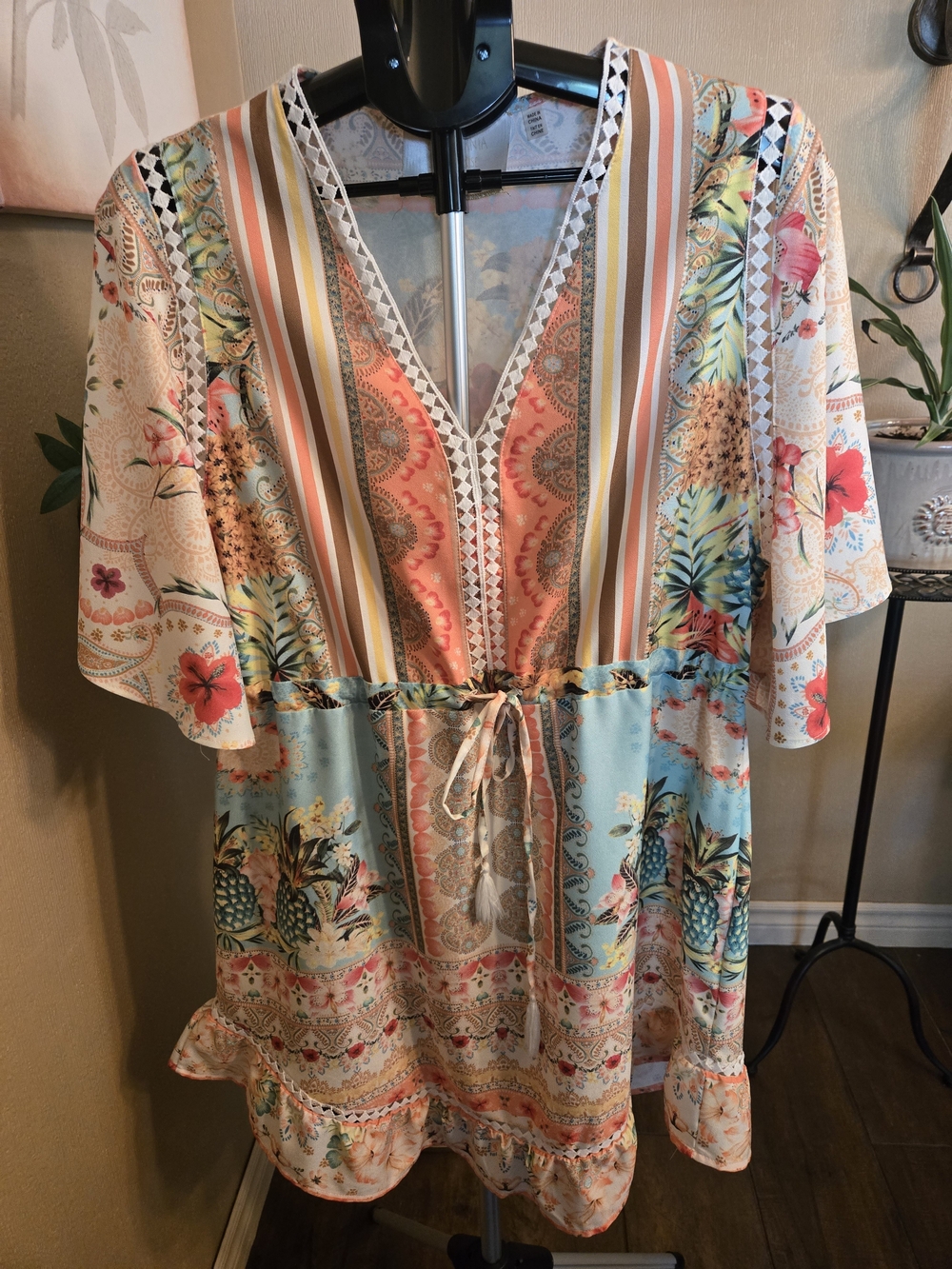 California MoonRise Boho Floral Stripe V-Neck Tunic Dress / Coverup